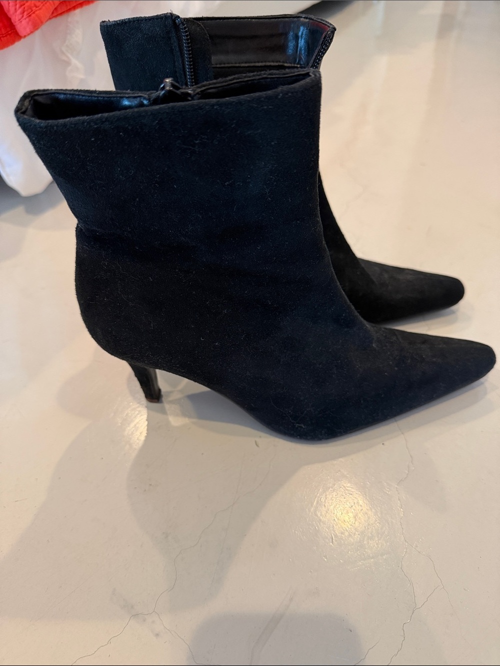 Pointed Toe Black Suede Ankle Booties with Kitten Heel